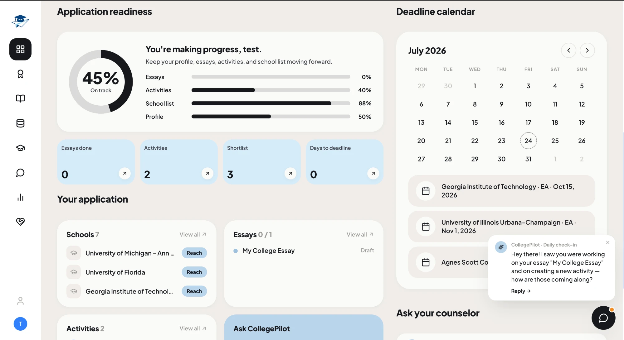 CollegePilot dashboard